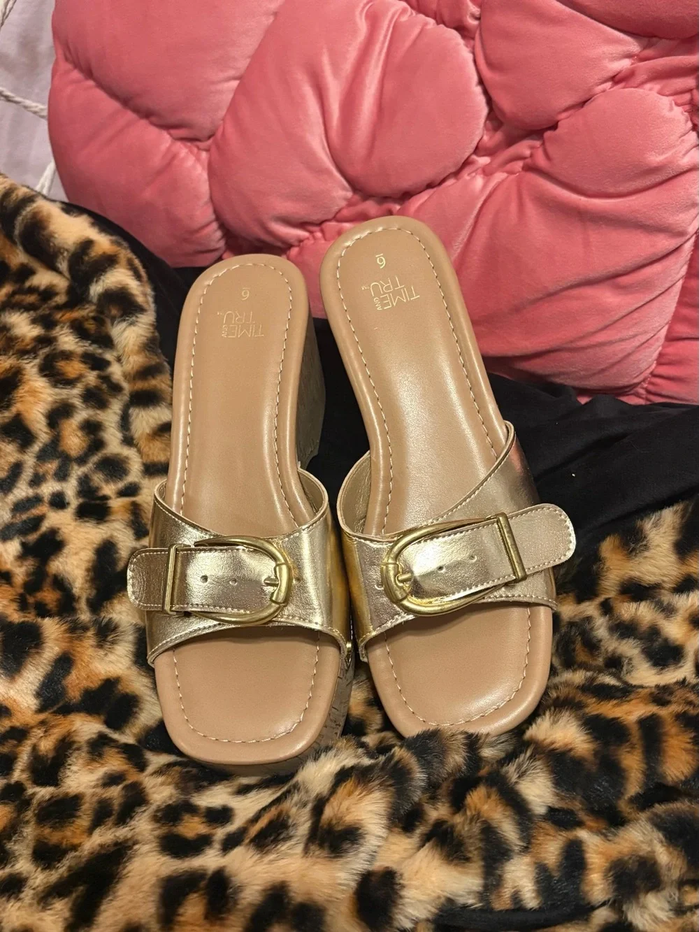 Gold Cork Wedge Slide Sandals - Women